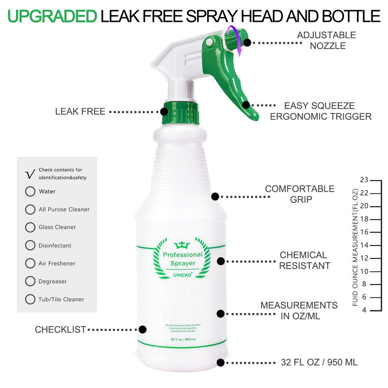 Uineko Plastic Spray Bottle 2 Pack, 32 Oz, All-Purpose Heavy Duty Spraying Bottles Leak Proof Mist Empty Water Sprayer for Cleaning Solution, Essential Oils, Hair, Planting with Adjustable Nozzle - Green - Image 2